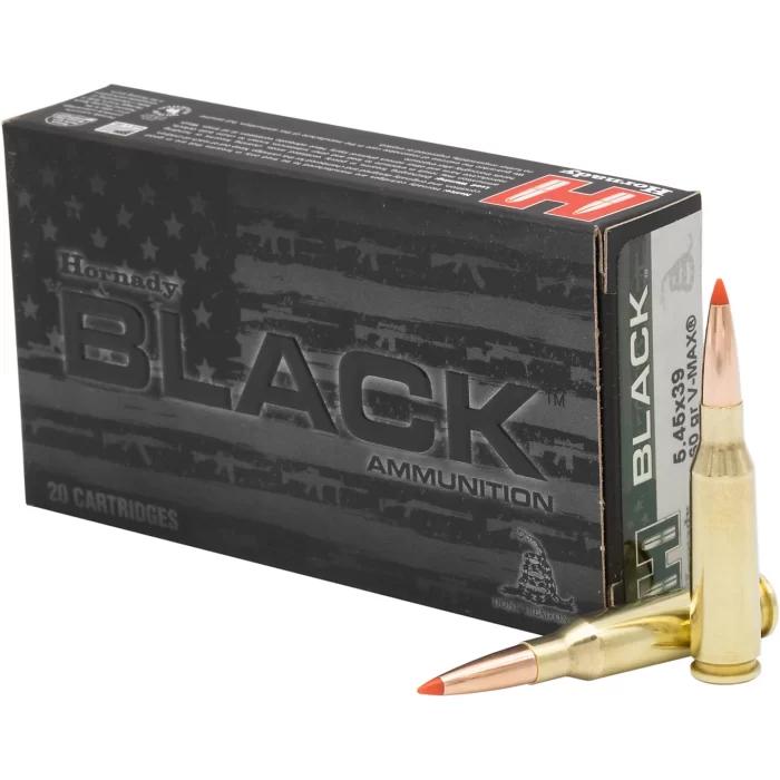 A box of hornady Black 5.45x39mm ammo. Also called 5.45x39 5.45